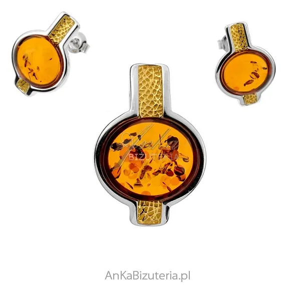 Komplet biżuterii z koniakowym bursztynem pozłacany
