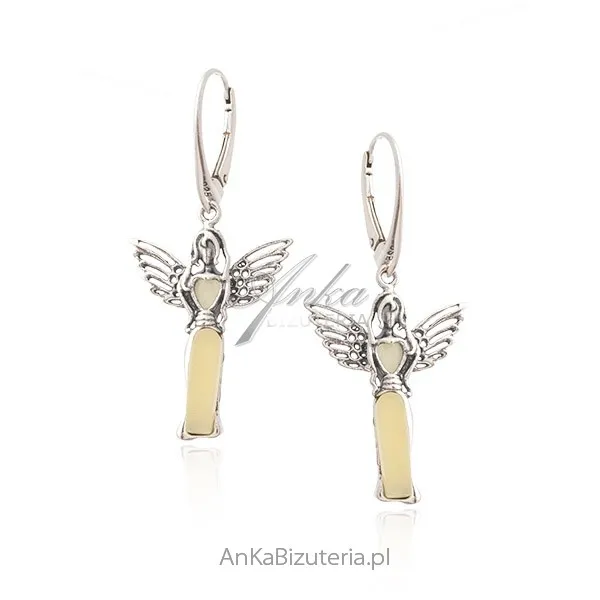 Kolczyki srebrne z  biało - żółtym bursztynem  anielice