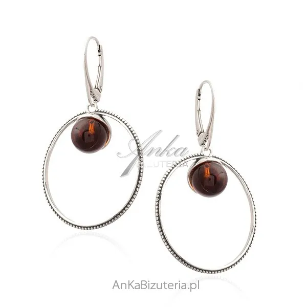 Srebrne kolczyki z bursztynem  - koła