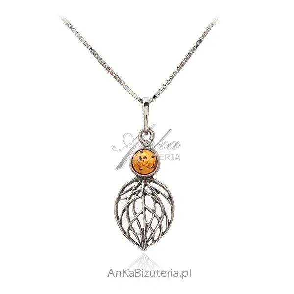 Srebrna zawieszka z bursztynem - ażurowy  listek