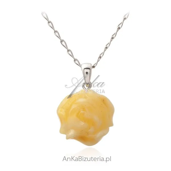 Srebrna zawieszka z biało - żółtego bursztynu róża