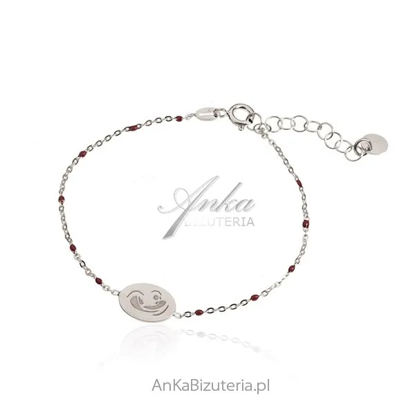 Srebrna bransoletka z bordową emalią i madonną