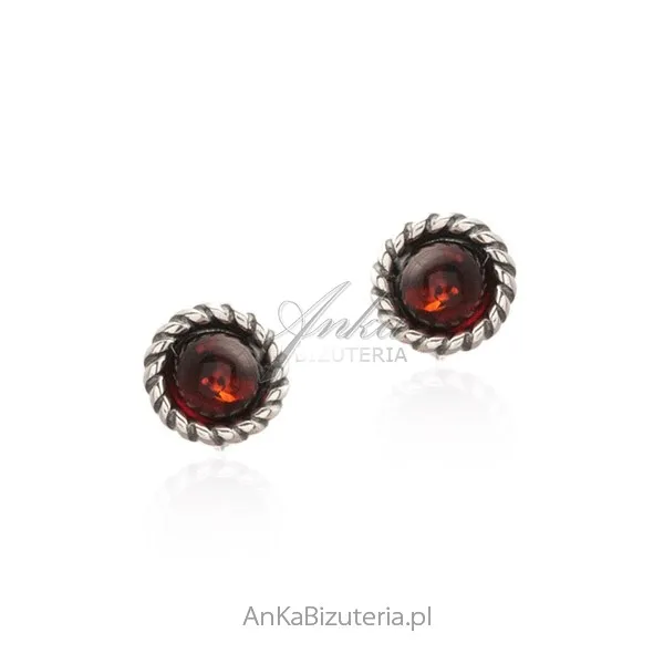 Kolczyki srebrne  z bursztynem w kolorze wiśnia  - srebro oksydowane