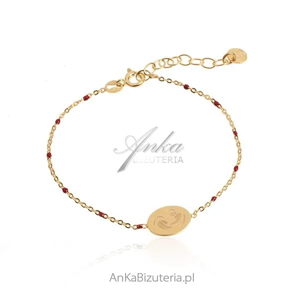 Bransoletka srebrna pozłacana z bordową emalią i madonną