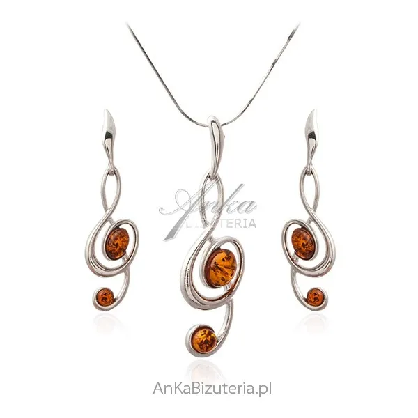 Srebrna biżuteria z bursztynem  - komplet muzyczny