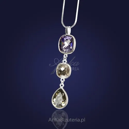 Swarowski naszyjnik srebrny  z kryształami swarovski - fioletowym i szarymi.