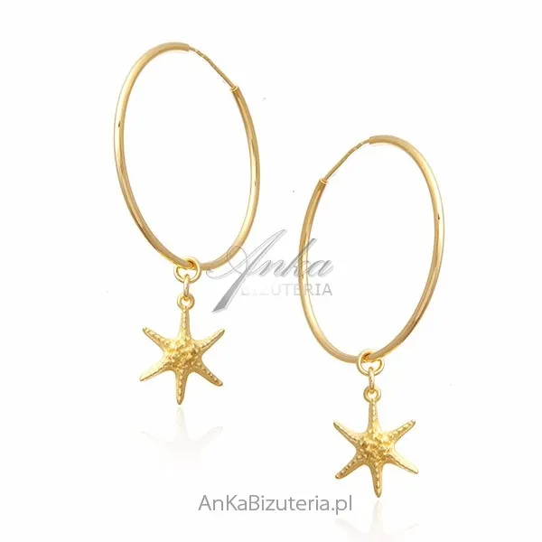 Srebrne kolczyki pozłacane  koła z przywieszką rozgwiazdy