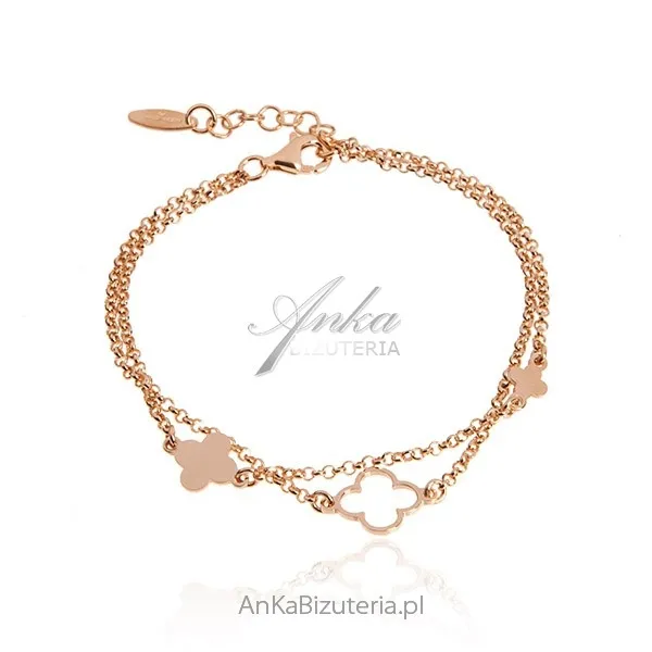 Bransoletka srebrna pozłacana różowym złotem koniczynki