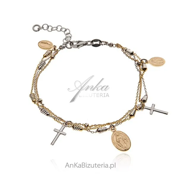 Srebrna bransoletka pozłacana i rodowana z matką boską cudowną i krzyżykami