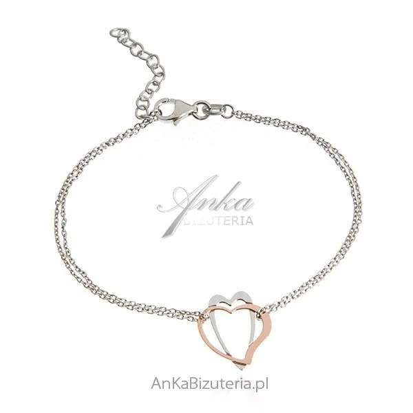 Srebrna bransoletka dwa serca srebrne i pozłacane