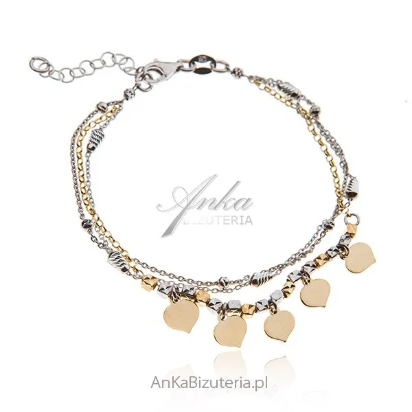 Bransoletka srebrna rodowana i pozłacana z serduszkami