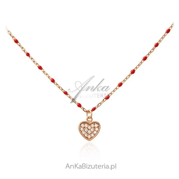 Srebrny naszyjnik pozłacany różowym złotem z czerwoną emalią i sercem z cyrkoniami