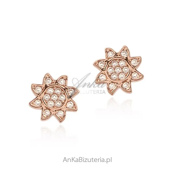 Kolczyki srebrne pozłacane różowym złotem z cyrkoniami- maleńkie słoneczniki