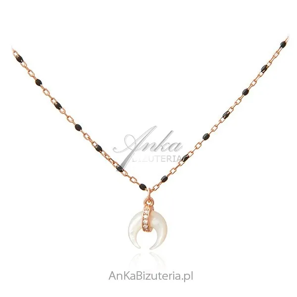 Srebrny naszyjnik pozłacany różowym złotem z czarną emalią i podkową z masy perłowej