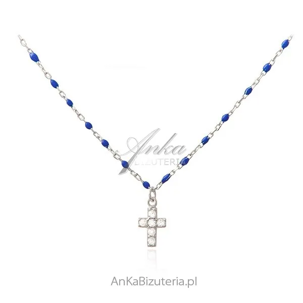 Srebrny naszyjnik  z granatową emalią i cyrkoniami krzyżyk