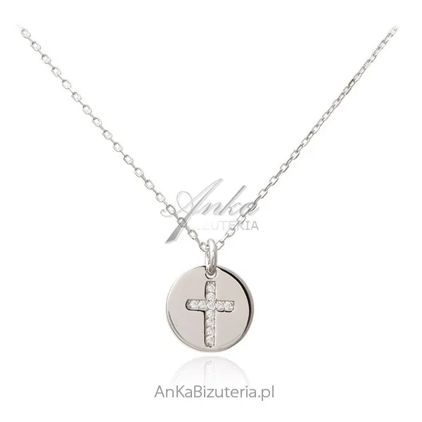 Srebrny naszyjnik krzyżyk z cyrkoniami w kółeczku - piękna biżuteria włoska