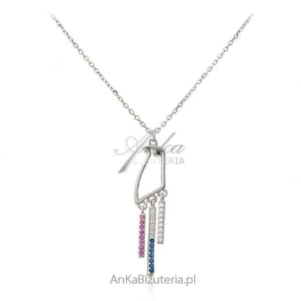 Naszyjnik srebrny z kolorowymi cyrkoniami - subtelny ptaszek