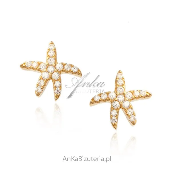 Srebrne kolczyki pozłacane z cyrkoniamii rozgwiazdy