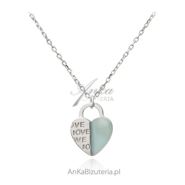 Srebrny naszyjnik z miętowym agatem  serduszko z love