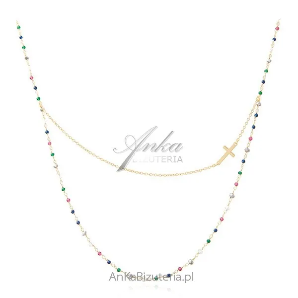 Naszyjnik srebrny pozłacany z krzyżykiem i kolorowymi cyrkoniamii