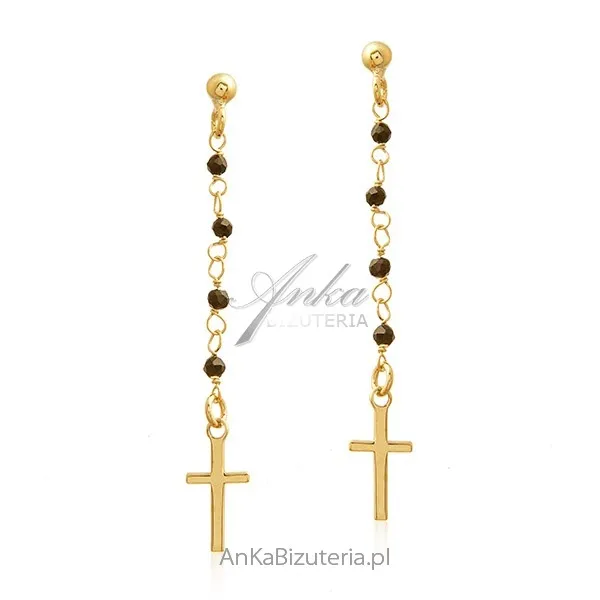 Kolczyki srebrne pozłacane krzyżyki z czarnymi cyrkoniami