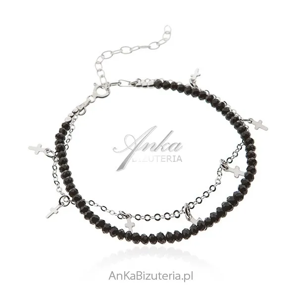 Biżuteria srebrna - bransoletka z czarnymi spinelami i krzyżykami na łańcuszku