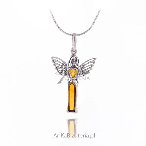 Zawieszka srebrna z bursztynem anielica