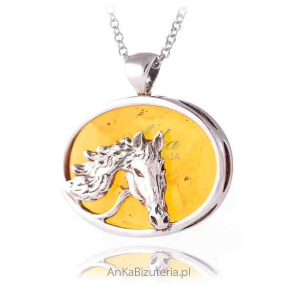 Srebrna zawieszka z bursztynem koń