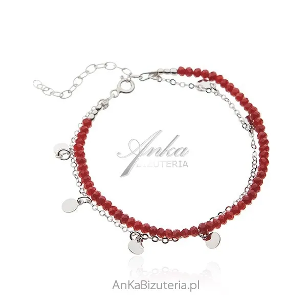 Bransoletka srebrna z czerwonymi spinelami iłańcuszkiem z kółeczkami