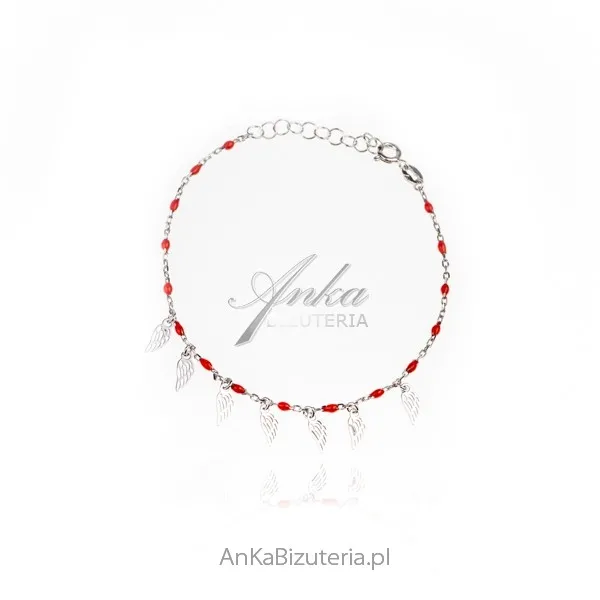 Bransoletka srebrna z czerwonymi koralikami - skrzydełka