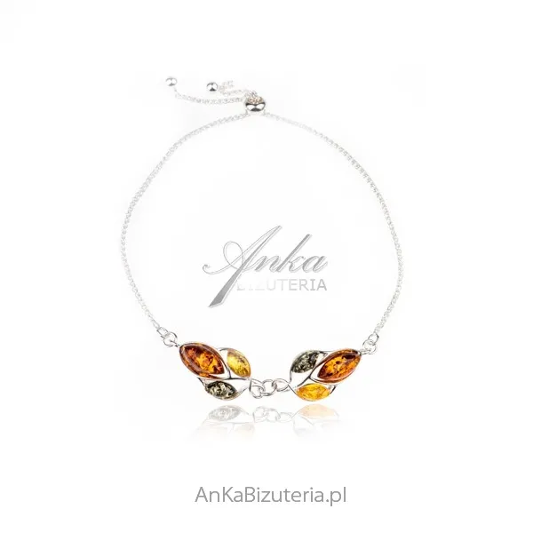 Bransoletka srebrna z bursztynem listek - ściągana na stopery