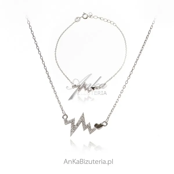 Subtelny srebrny komplet linia bicia serca z cyrkoniamii