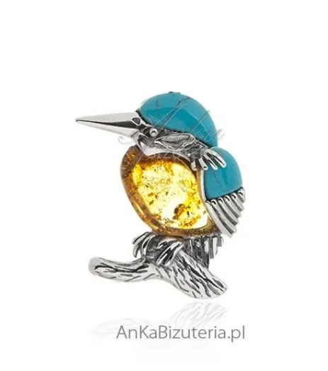Srebrna broszka z bursztynem i turkusem zimorodek