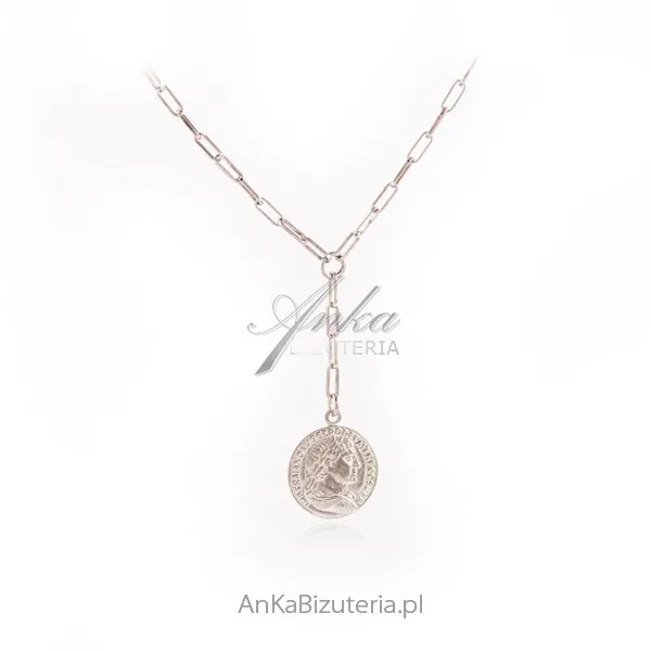 Srebrny naszyjnik z monetą na ciekawym łańcuszku