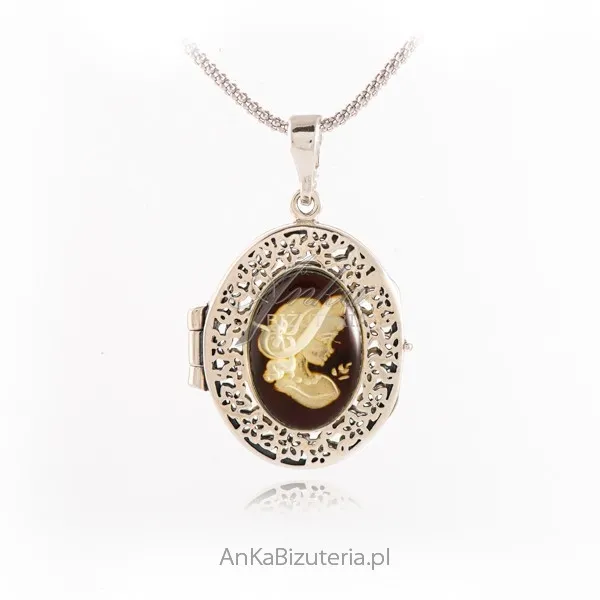 Puzderko srebrne z bursztynem kamea - oryginalna biżuteria damska