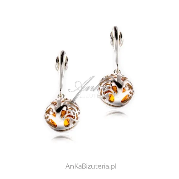 Srebrne kolczyki z bursztynem ażurowe kulki z bursztynem - drzewko szczęścia