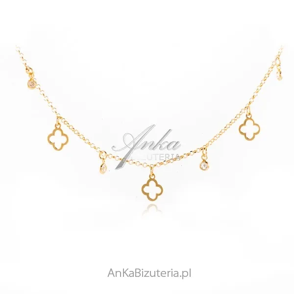 Srebrny naszyjnik pozłacany koniczynki z cyrkoniamii