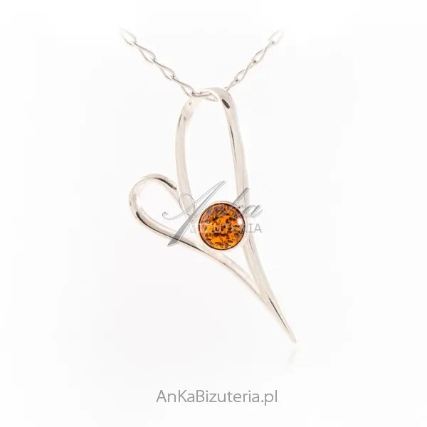 Srebrna zawieszka piękne serce z bursztynem