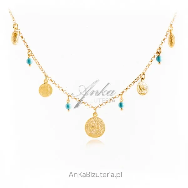 Naszyjnik srebrny pozłacany z niebieskimi koralikami  monety