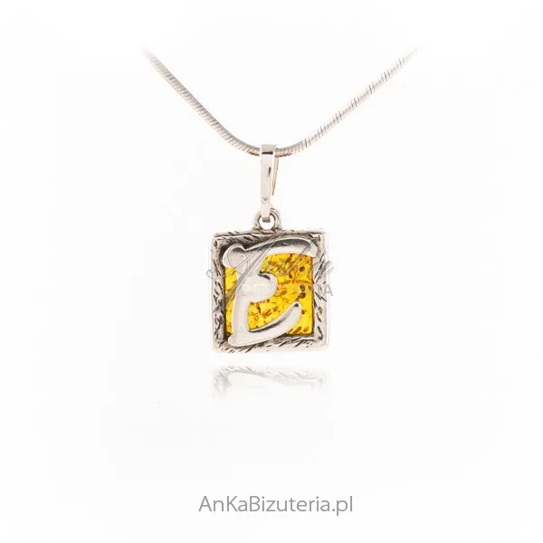 Zawieszka srebrna z bursztynem literka -e