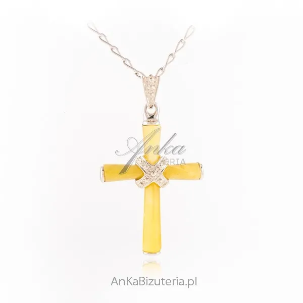 Krzyżyk srebrny z żółtym bursztynem