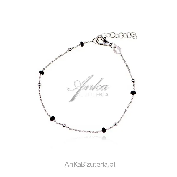 Subtelna bransoletka srebrna  z czarnymi koralikami
