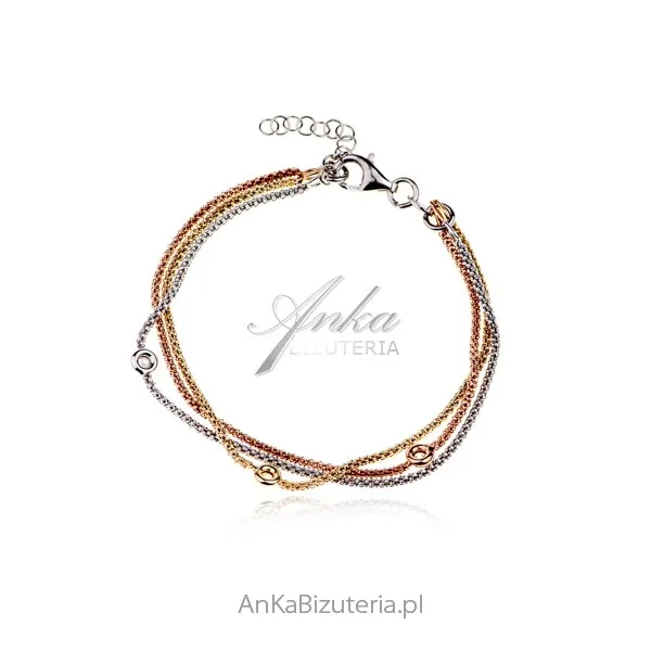 Bransoletka srebrna 3 kolory srebrny, pozłacana złotem i różowym złotem z cyrkoniami
