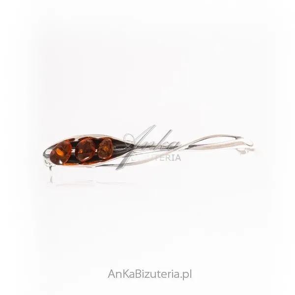 Broszka srebrna z bursztynem  - krople rosy