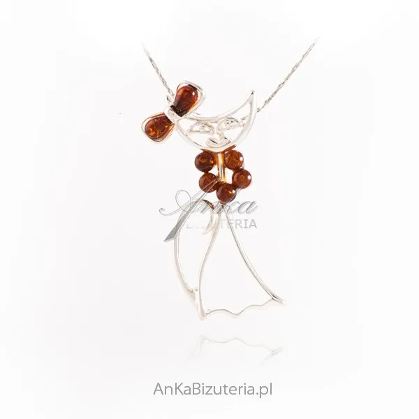 Srebrna zawieszka kotek z bursztynem