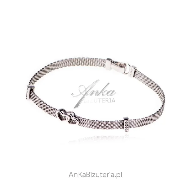 Bransoletka srebrna mesh z serduszkami