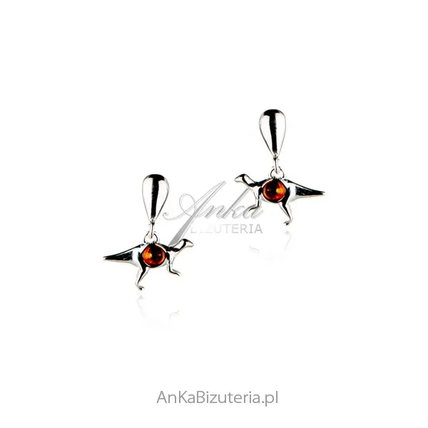 Kolczyki srebrne dinozaury  z małym bursztynem