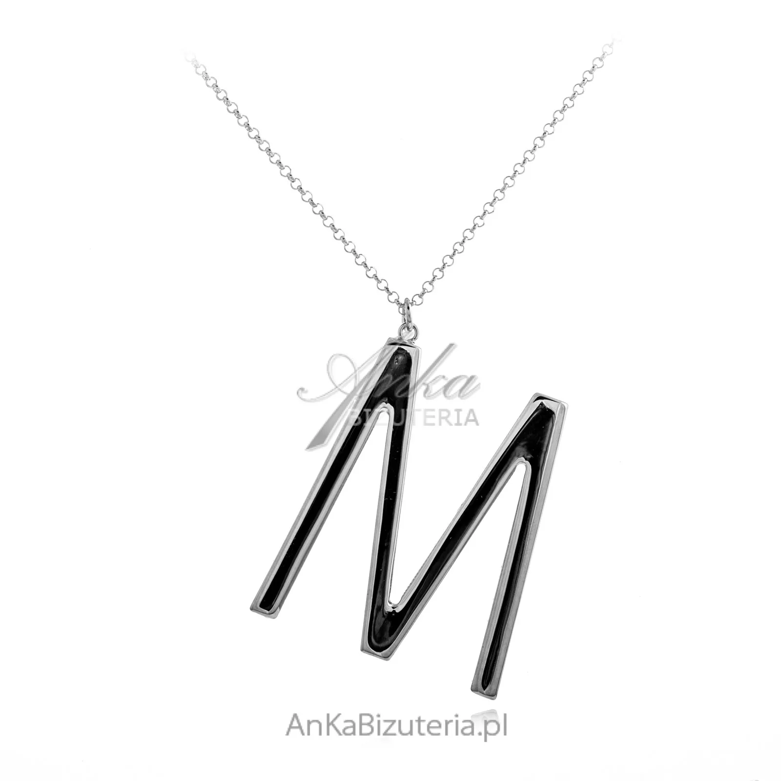 Biżuteria srebrna naszyjnik długi z literą m