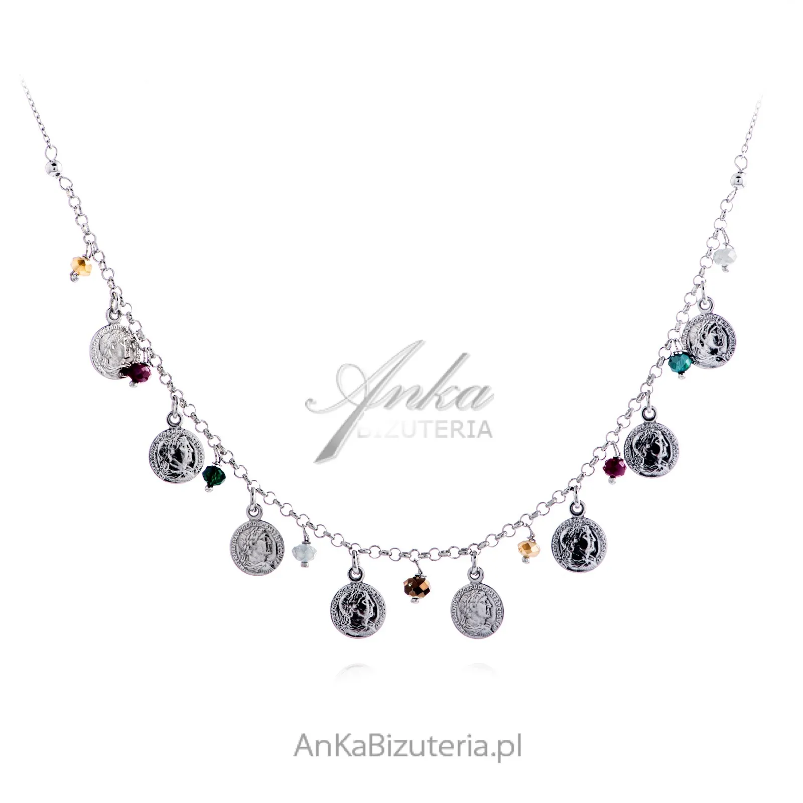 Srebrny  naszyjnik monety z kolorowymi cyrkoniami