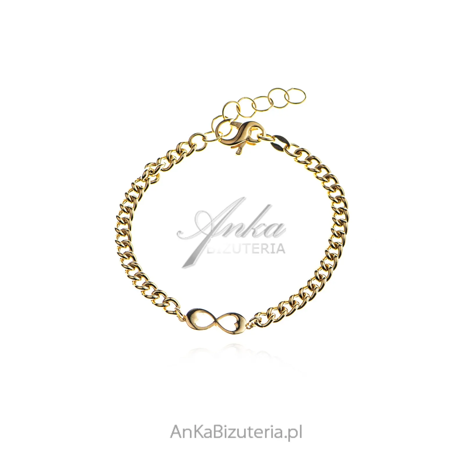 Bransoletka srebrna pozłacana pancerka z nieskończonościa